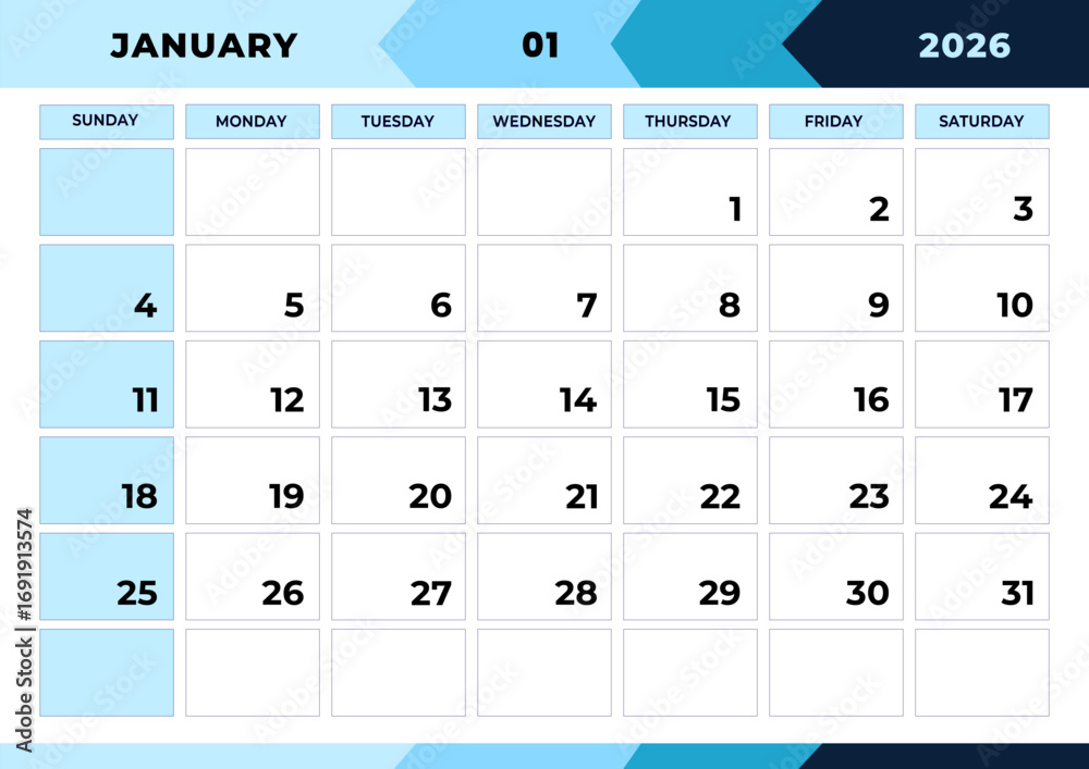 January 2026, planner monthly design. Calendar 2026, Week Starts Sunday ...