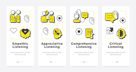 Wall Mural - types of listening mobile app onboarding screens. emotional intelligence, empathy. mental wellbeing.