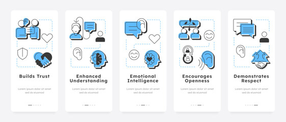 Wall Mural - Active listening benefits mobile app onboarding screens. Mental wellness, communication skills. Critical thinking. Flat UI UX design, blue highlight with outline icons conceptual. Lexend font used