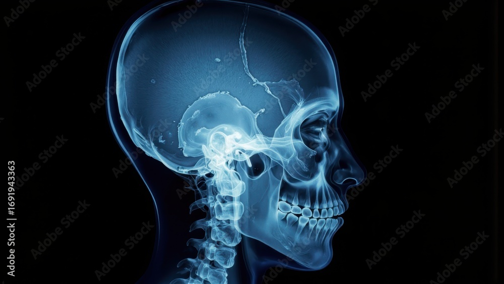 X ray of a human skull and cervical spine in profile view Stock Photo ...