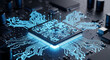 © MARS - Closeup view of a glowing blue central processing unit cpu on a complex printed circuit board pcb with intricate pathways and electronic components, symbolizing advanced technology