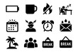 © LOBSTER LARRY - Minimalist icons: battery low, coffee, no fire, sleep, calendar, stress, alarm, email alert, vacation, team, break signs
