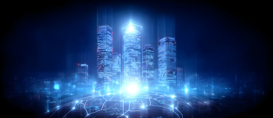 Wall Mural - Futuristic cityscape with illuminated skyscrapers and glowing data streams, illustrating advanced technology and global connectivity, suitable for technology, digitalization, and smart city themes
