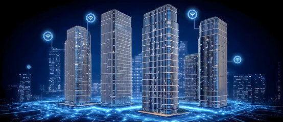 Wall Mural - Futuristic cityscape with illuminated skyscrapers and glowing data streams, illustrating advanced technology and global connectivity, suitable for technology, digitalization, and smart city themes

