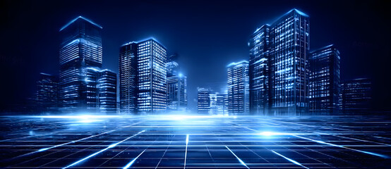 Wall Mural - Futuristic cityscape with illuminated skyscrapers and glowing data streams, illustrating advanced technology and global connectivity, suitable for technology, digitalization, and smart city themes
