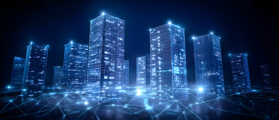 Wall Mural - Futuristic cityscape with illuminated skyscrapers and glowing data streams, illustrating advanced technology and global connectivity, suitable for technology, digitalization, and smart city themes
