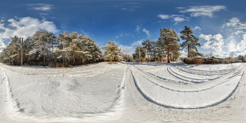 Wall Mural - winter full spherical 360 hdri panorama view on pedestrian road in snowy forest in equirectangular projection. VR AR content
