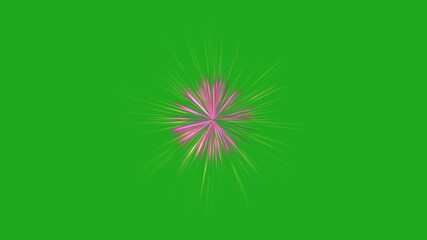 Wall Mural - small, abstract starburst of thin pink and yellow rays of light on a solid green chroma background