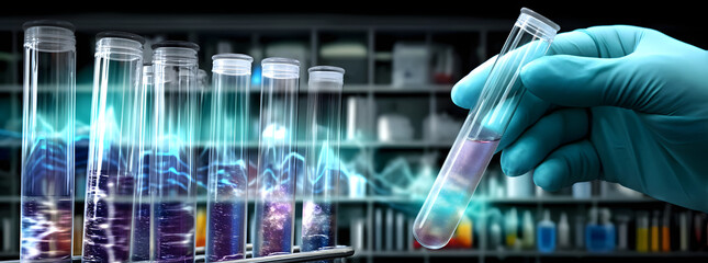 Wall Mural - Scientist holding multiple vials with a digital display showing DNA and cell structures, suitable for medical research, laboratory technology, and scientific innovation themes
