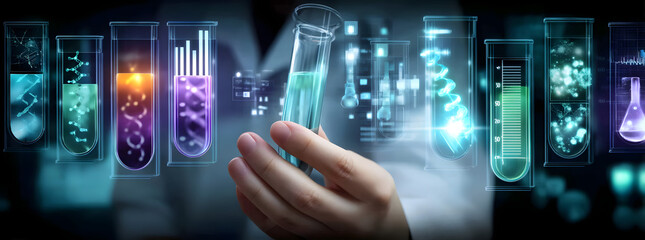 Wall Mural - Scientist holding multiple vials with a digital display showing DNA and cell structures, suitable for medical research, laboratory technology, and scientific innovation themes
