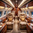 © StocksJust4You - Luxurious private jet cabin interior featuring plush leather seats, rich wood paneling, and soft ambient lighting, creating an elegant, luxury, exclusive, and comfortable atmosphere for elite travel