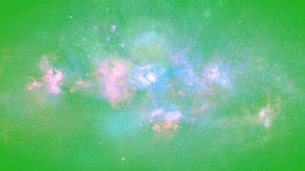 Wall Mural - 3d animation of a swirling nebula with clouds of pink and blue, floating in a bright green space.