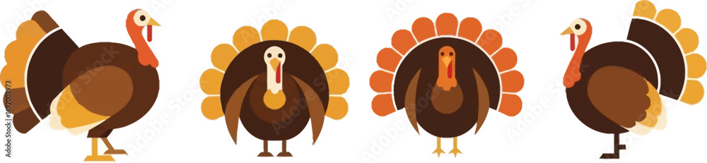 Four festive cartoon turkeys ready for thanksgiving celebrations vector ...