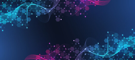 Wall Mural - Molecular abstract structure and genetic engineering DNA. Healthcare and medicine background concept. Scientific research background. Wave flow. Innovation pattern. Vector illustration.