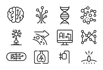 Wall Mural - neural nanobot icons. outline icon set of neural nanobots: brain outline, circuit icon, dna strand, 