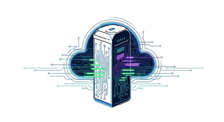 Cloud-based server architecture with integrated circuitry and data streams.