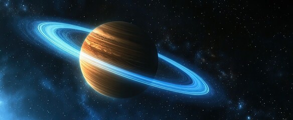 Beautiful planet in space, nebula and stars in the background, with a blue glowing ring around the Earth.