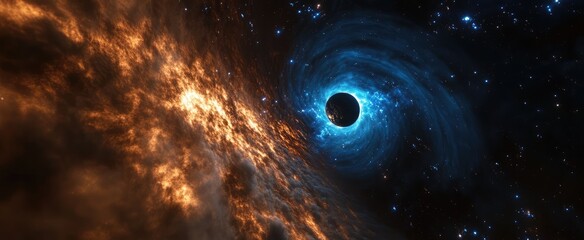 Beautiful planet in space, nebula and stars in the background, with a blue glowing ring around the Earth.