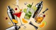 © nectarnest - Assortment of alcoholic cocktails bar shakers ice cubes and citrus garnishes floating