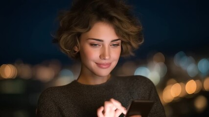 A woman smiles at her phone screen while using a dating app match