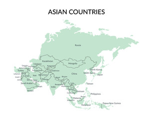  Asian countries borders and names isolated on white background. Vector template.
