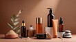 © Juan - Collection of natural skincare products with dispensers, cream and plant elements on wooden table in soft light