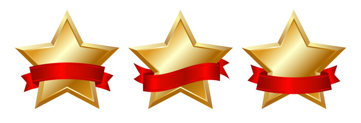 Wall Mural - Set а realistic gold star with red satin silk ribbon. Element, icon with metallic effect for award, medal, rating designation, status on white background. Isolated vector illustration EPS10