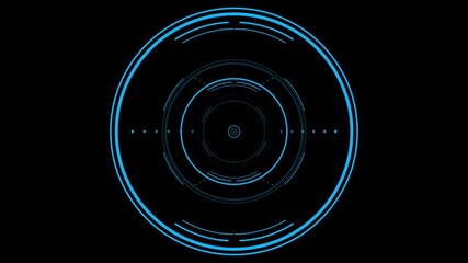 Wall Mural - Blue concentric circles and lines appear and disappear, forming a futuristic HUD or interface element on black background, tech concept for scanning