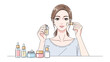 © Tahura - Young woman applying facial serum with dropper from bottle surrounded by various skincare products and cosmetic bottles on a white background