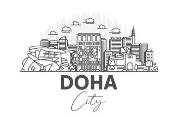 Wall Mural - Doha, Qatar architecture line skyline illustration with shadows. Linear vector cityscape with famous landmarks, city sights, design icons.