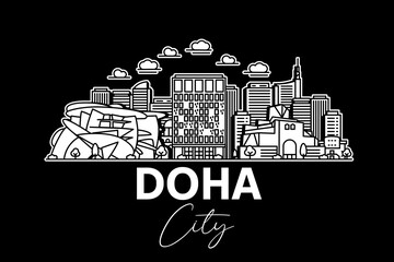 Wall Mural - Doha, Qatar architecture line skyline illustration with shadows. Linear vector cityscape with famous landmarks, city sights, design icons.
