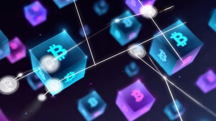 This captivating display shows an array of floating Bitcoin cubes against a vibrant cosmic background, illustrating the dynamic and innovative nature of digital currency in modern finance
