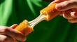 © Studio VIP - Crispy mozzarella stick pulled apart with melted cheese, vibrant green background, snack photography for indulgent food styling and trendy branding