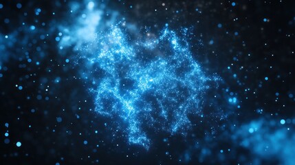 Abstract, glowing, blue shapes against a dark, starry background