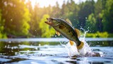 A leaping bass fish captured mid air in sparkling lake waters at golden hour, symbolizing triumph, sport fishing, nature freedom and adventure in wilderness lakes