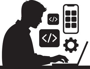 Software Engineer Silhouette with Mobile App and Coding Symbols on Transparent BG