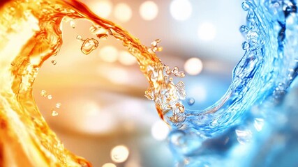 Vibrant splash of blue and orange water in dynamic motion against bokeh background