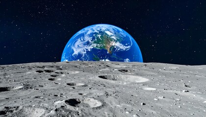 Earthrise over moon's cratered surface shows blue planet with swirling clouds against a starry background in a cosmic perspective