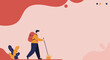 © STOCKHUB - Flat illustration of a person with a backpack and walking stick, hiking outdoors. Represents adventure, travel, exploration, and an active lifestyle.