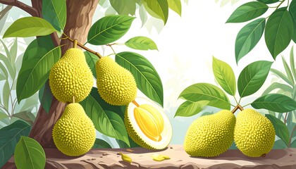 jackfruit on a tree branch in a lush jungle setting