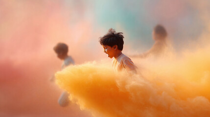 Joyful children play amidst a vibrant explosion of colorful powder. Represents freedom, happiness, and childhood memories. Perfect for ads related to festivals, celebration, family, and fun.