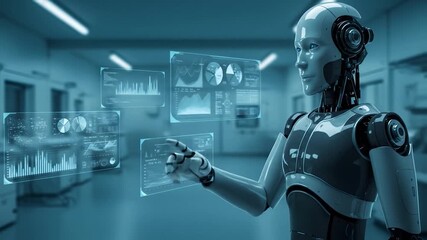 Robot using futuristic interface in lab. Tech displays. Use AI, data analysis, health, science