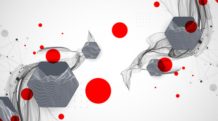 Wall Mural - scientific and technological background. wave with wireframe hexagons of different types on a gray g