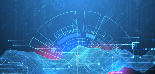 Wall Mural - abstract data background with wireframe wave and circuit lines. technology concept. vector