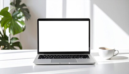Modern home office workspace with a laptop featuring a blank screen for mockup, alongside a coffee cup and plant in morning sunlight