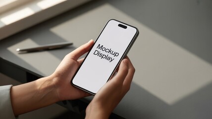 Smart Phone Display: A close-up shot of a hand holding a sleek smart phone featuring a mock-up display against a soft background. Perfect for showcasing your app or website design. 
