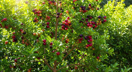 Jaboticaba tree heavily laden with ripe red and purple fruits on trunk and branches