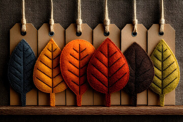 Wall Mural - Autumn Felt Leaves on Tags Cozy Seasonal Decor for Fall Crafting and Design