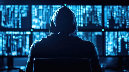 A mysterious figure in a hoodie sits before glowing screens, immersed in digital data, representing technology and cyber intrigue.