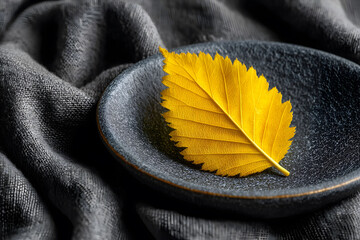 Wall Mural - Autumn Inspiration Design with Yellow Leaf on Ceramic Plate for Creative Decor